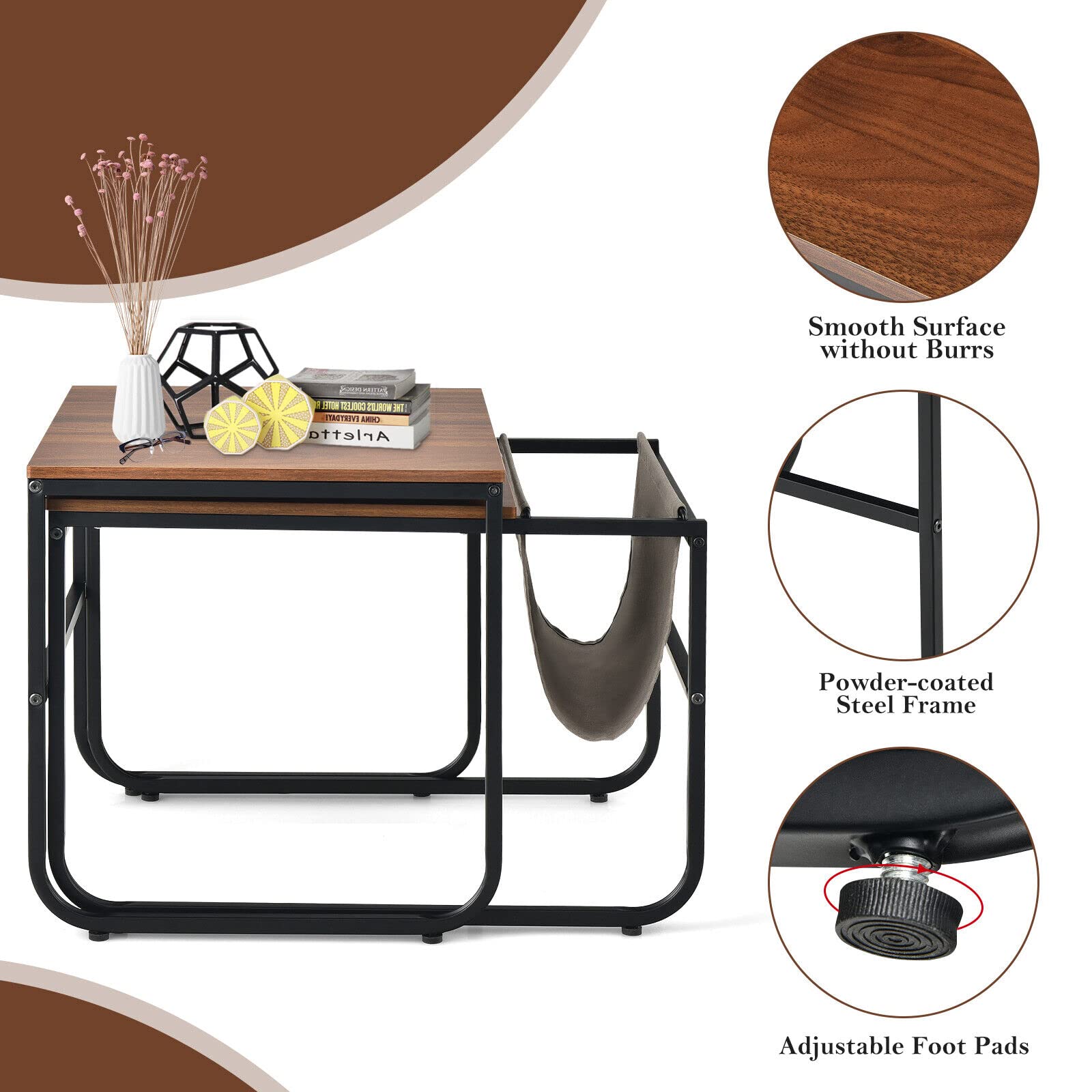 Giantex Nesting Coffee Table Set of 2, Stackable Side Table w/Magazine Holder, Rustic Brown