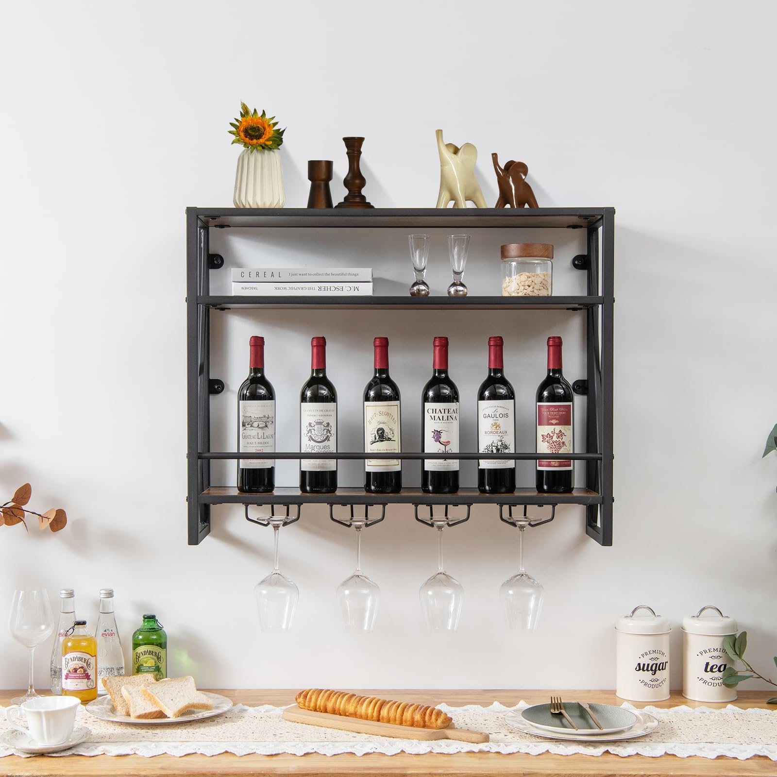 Industrial Wall Mounted Wine Rack, 3 Tiers Metal Hanging Wine Shelf