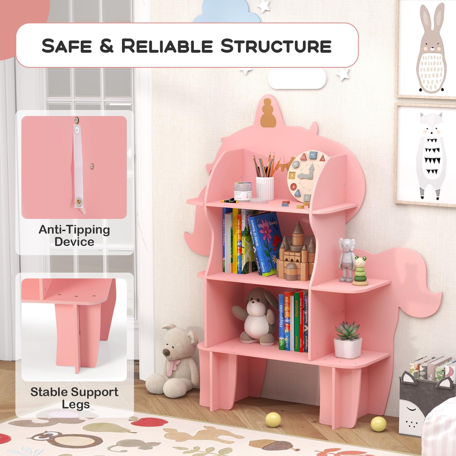 HONEY JOY Bookcase for Kids, 3-Tier Toy Storage Organizer with Open Storage Shelves