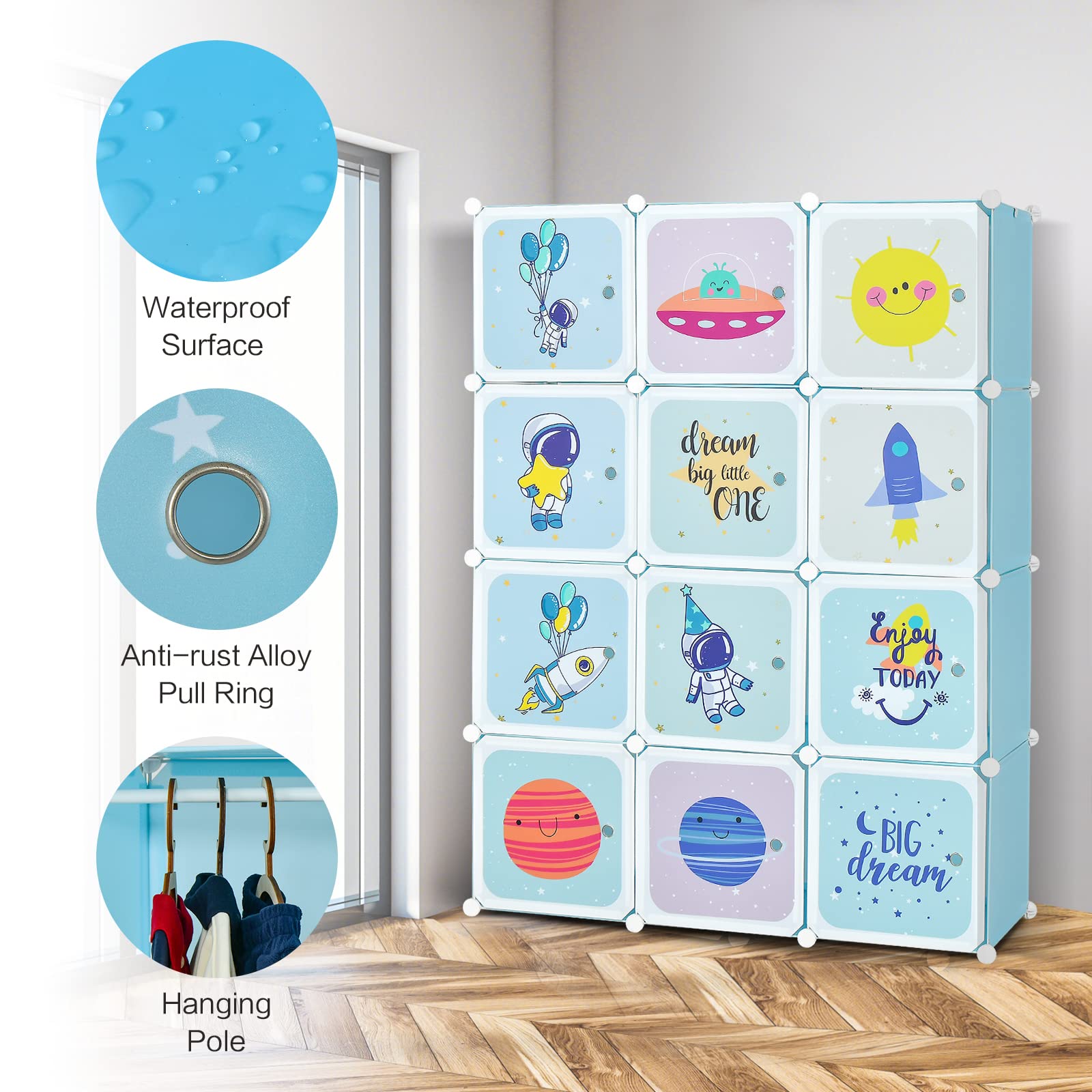 Portable Kids Wardrobe, 12-Cube Baby Closet Organizer for Children with Doors & Hanging Section
