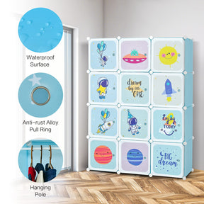 Portable Kids Wardrobe, 12-Cube Baby Closet Organizer for Children with Doors & Hanging Section