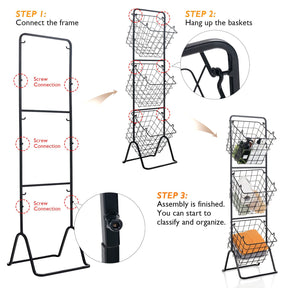 Giantex 3-Tier Fruit Basket Stand, 50kg Capacity Kitchen Metal Market Basket Stand w/ 3 Removable Hanging Wire Bowls, Adjustable Heights
