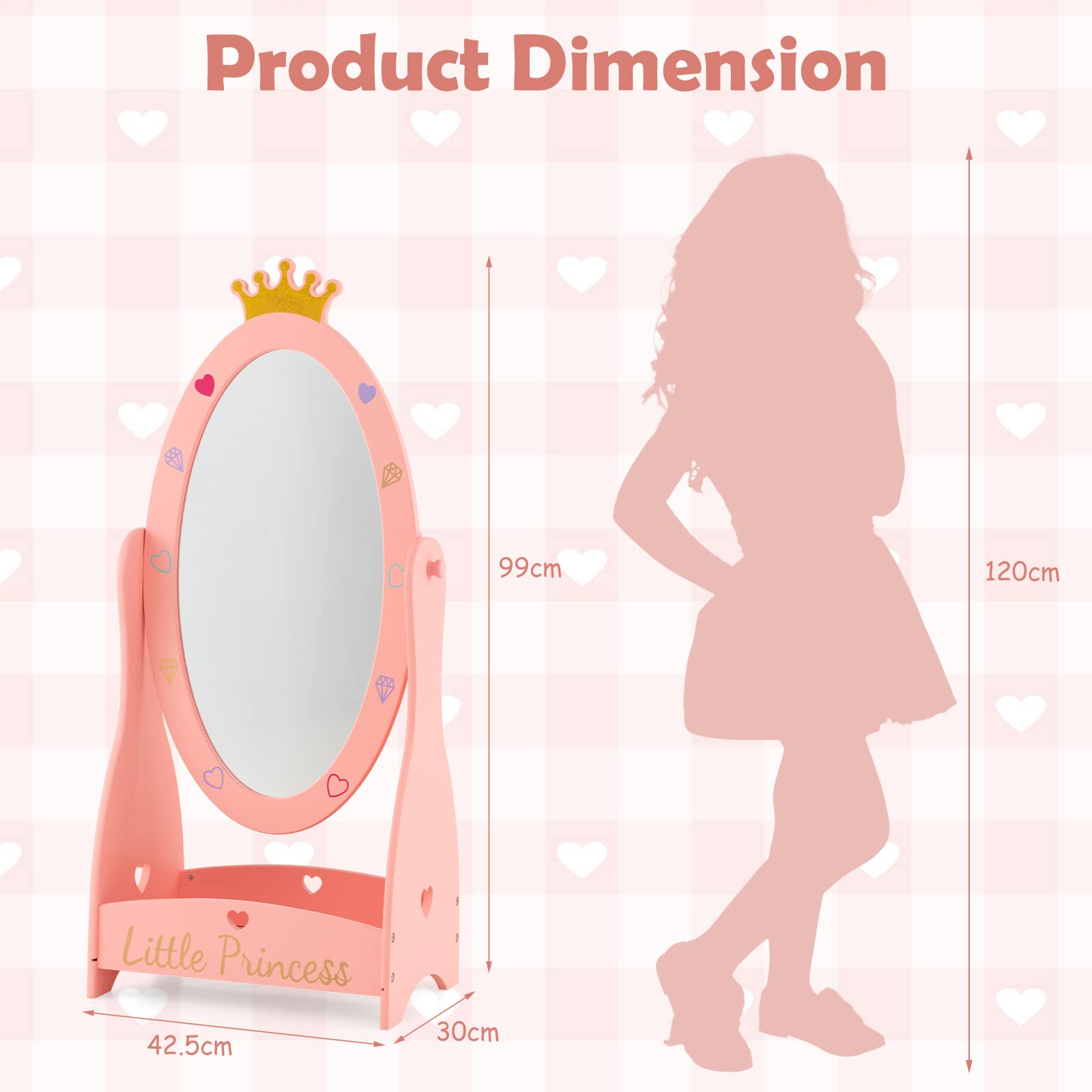Kids Freestanding Dressing Mirror with 360° Rotatable Design-Pink