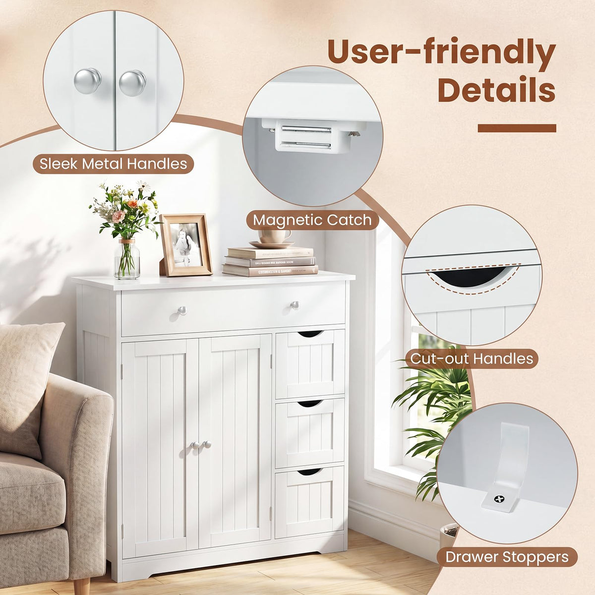 Bathroom Floor Cabinet, Large Storage Cabinet with 4 Drawers, 2 Doors & Adjustable Shelf