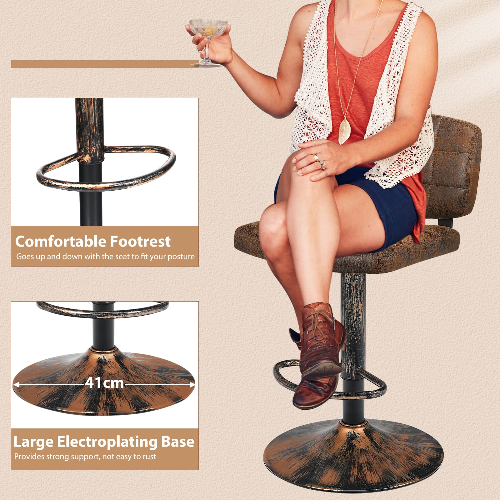Giantex Set of 2 Barstools, Vintage Leather Bar Stools Swivel Gas Gift Counter Chair, Retro Brown (Set of 2)