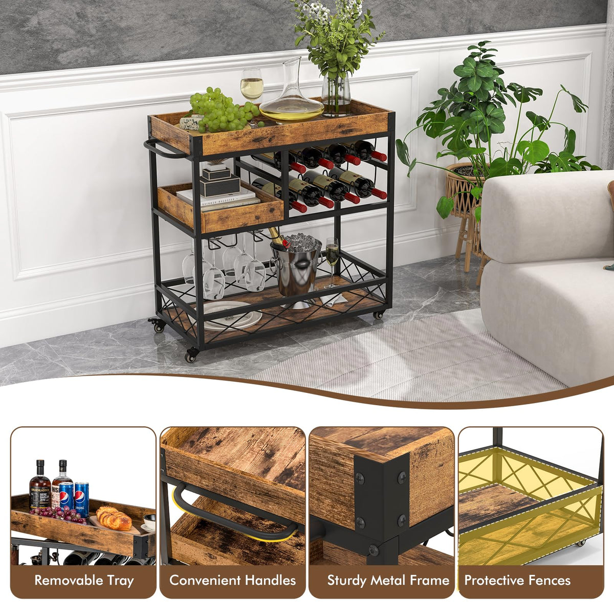 Home Bar Serving Cart, 3-Tier Rolling Bar Cart with Removable Tray