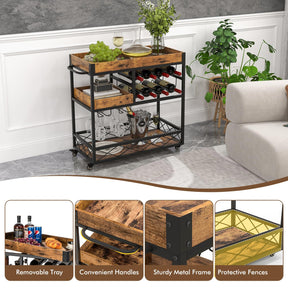 Home Bar Serving Cart, 3-Tier Rolling Bar Cart with Removable Tray