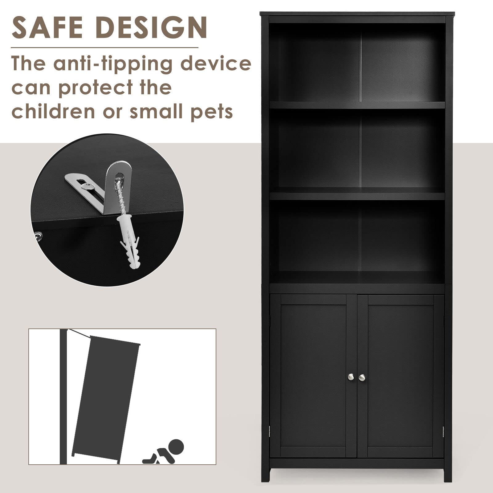 Giantex 182CM Bookcase with Doors, 3 Tier Open Book Shelving, Standing Wooden Display Bookcase