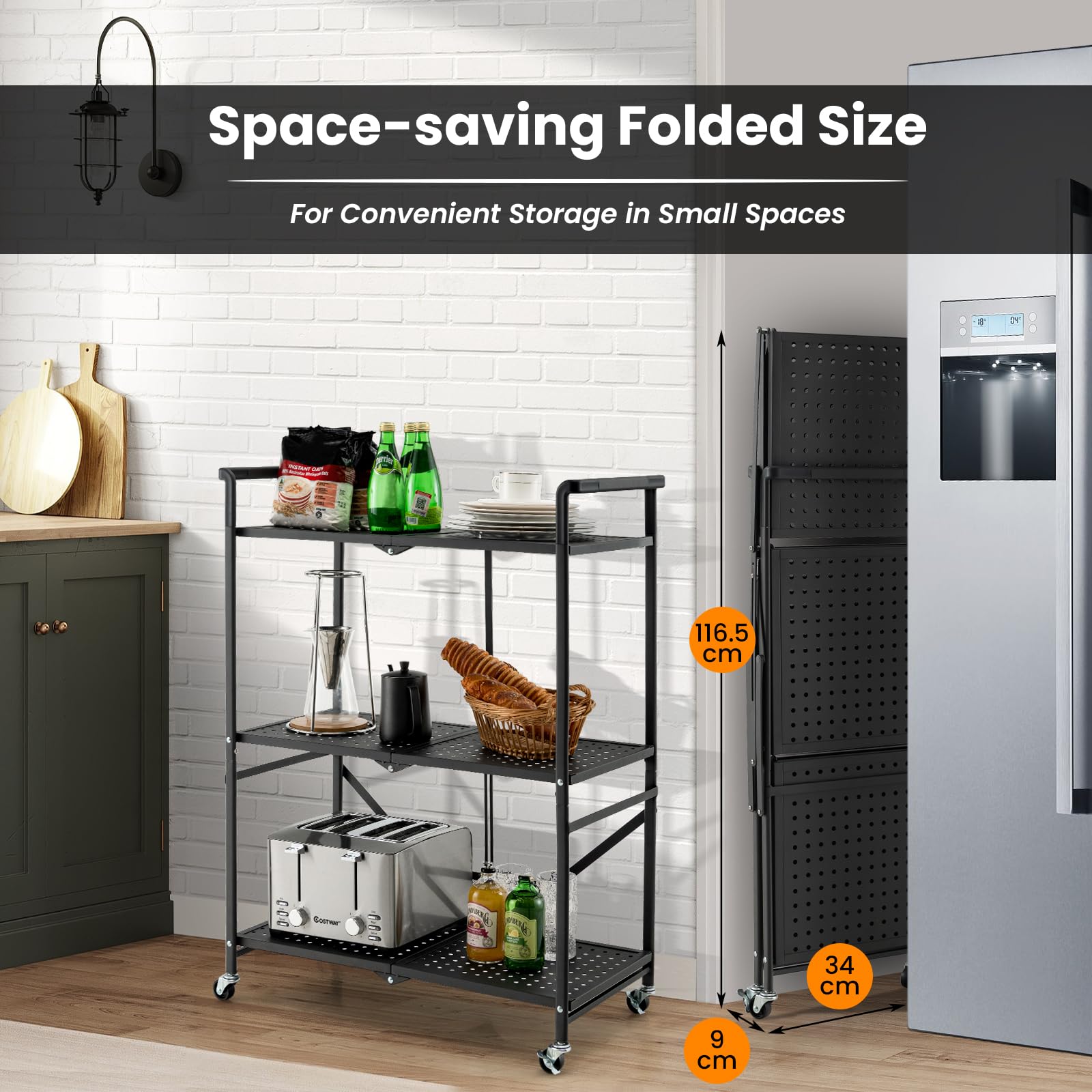 Giantex Foldable Storage Shelves on Wheels, 3-Tier Heavy-Duty Steel Rack with 2 Lockable Casters