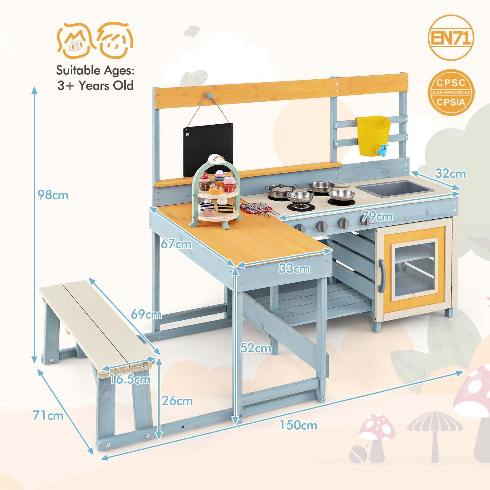 Kids Pretend Play Mud Kitchen, 2-in-1 Outdoor Toy Kitchen & Dining Area w/Storage, Accessories