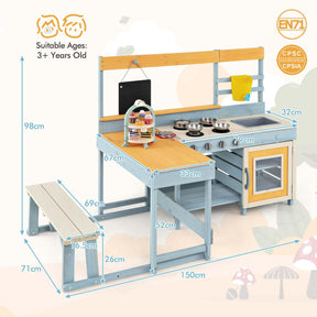 Kids Pretend Play Mud Kitchen, 2-in-1 Outdoor Toy Kitchen & Dining Area w/Storage, Accessories