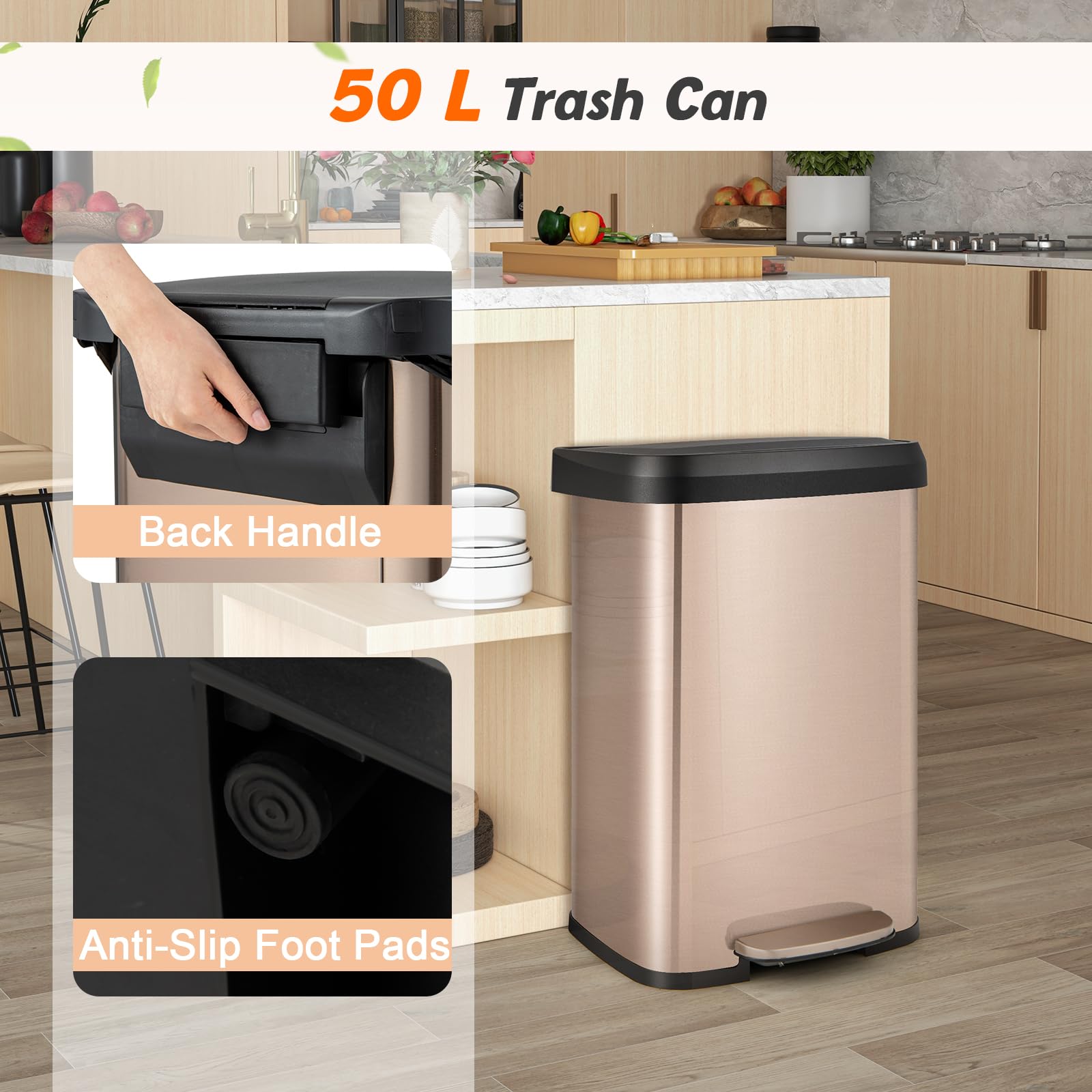 Giantex 50L Step Trash Can Stainless Steel Garbage Bin with Soft Close Lid & Deodorizer Compartment