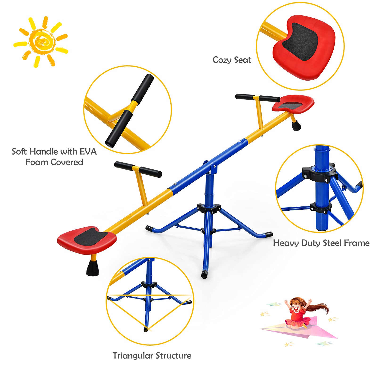 Kids Seesaw, Swivel Teeter Totter Playground Equipment for Children w/360 Degree Rotation, Stopper Leg