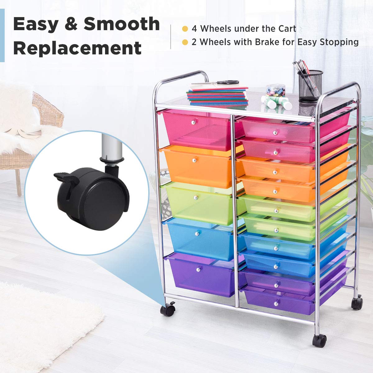 15-Drawer Rolling Storage Drawer Cart, Tools Scrapbook File Paper Craft Organizer Cart w/ Wheels