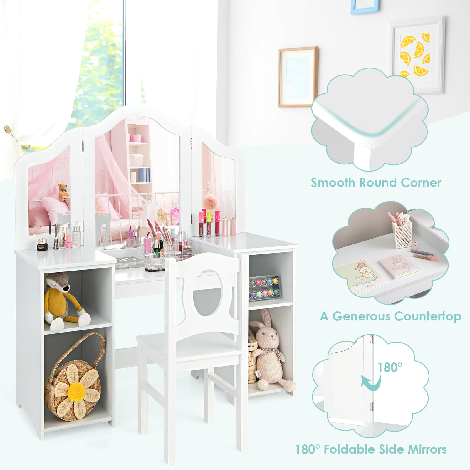 2-in-1 Kids Vanity Table and Chair Set with Removable Mirror