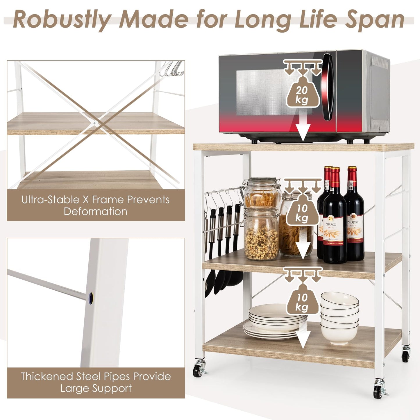 3-Layer Kitchen Rolling Cart with 4 Universal Wheels for Kitchen, Living Room, Entryway