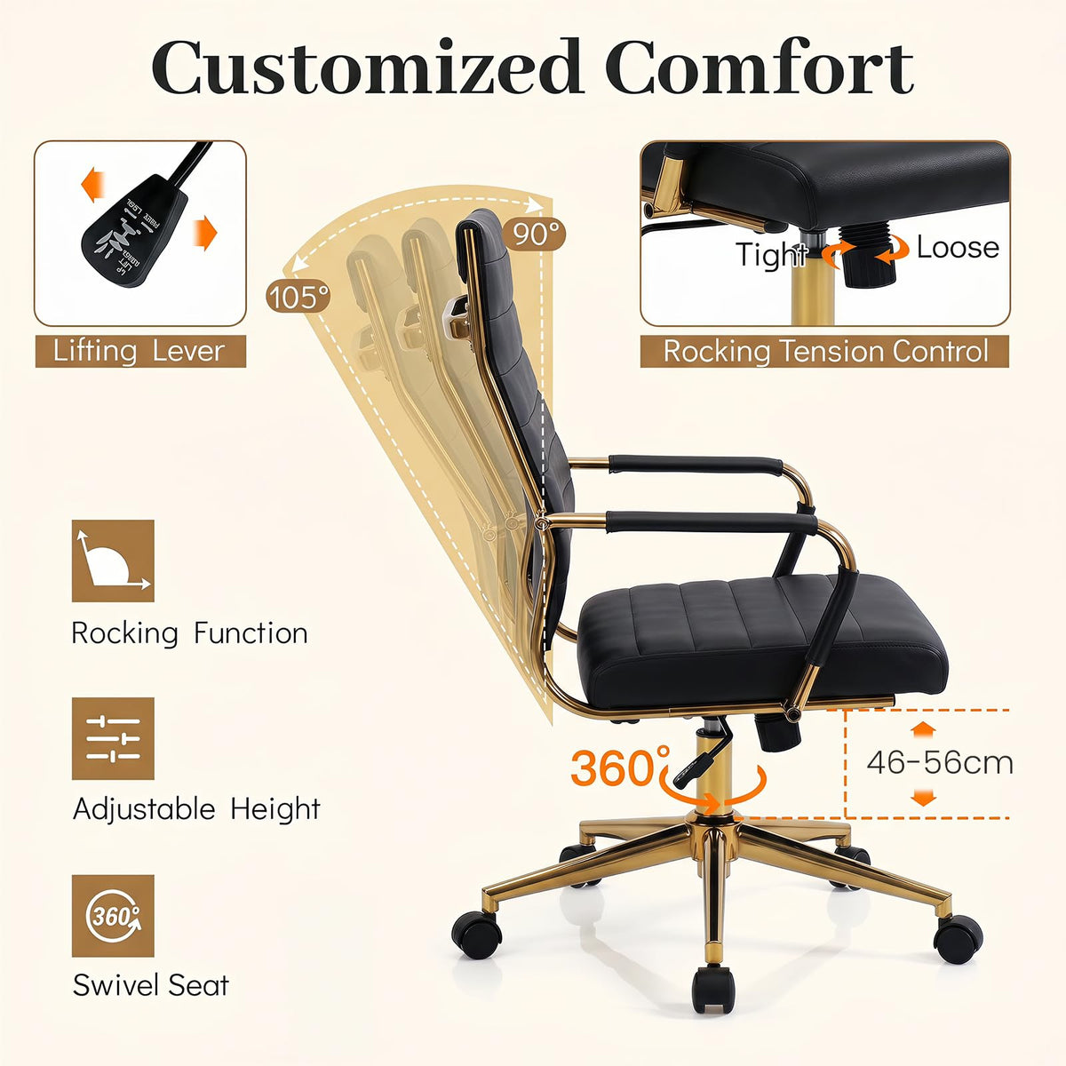 White and Gold Office Chair, Ribbed PU Leather Computer Desk Chair with Armrests & Reclining Backrest