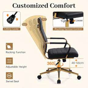 White and Gold Office Chair, Ribbed PU Leather Computer Desk Chair with Armrests & Reclining Backrest
