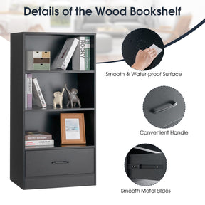 Giantex 4-Tier Storage Shelf, Wood Bookcase w/ Storage Drawer and Anti-toppling Device, Floor Standing Bookshelf