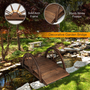 3.3 FT Wooden Garden Bridge, Carbonized Fir Wood Arc Bridge W/Wheel-Shaped Safety Railings