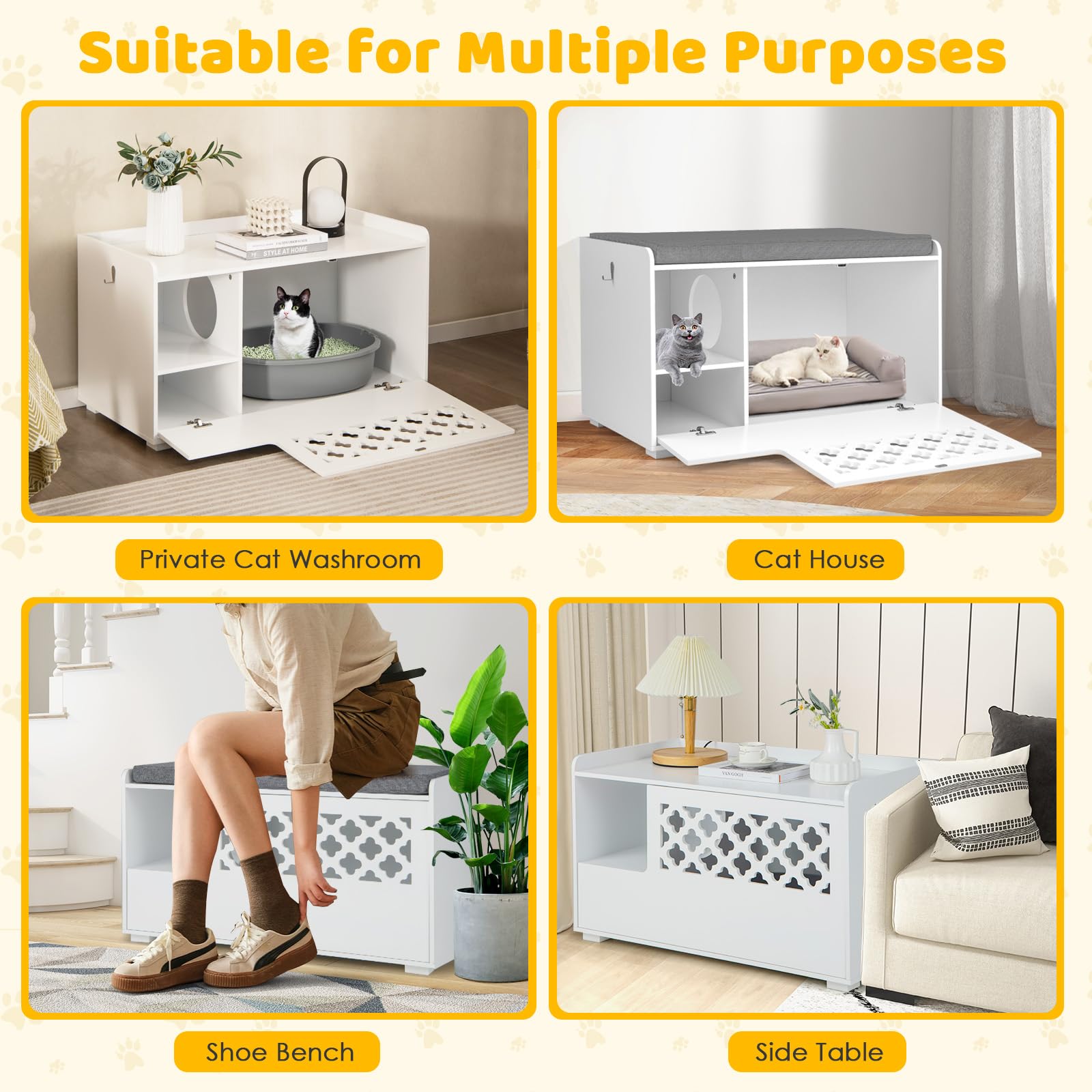Cat Litter Box Enclosure, Cat Litter Box Bench, Storage Cabinet Furniture Hidden with Removable Cushion
