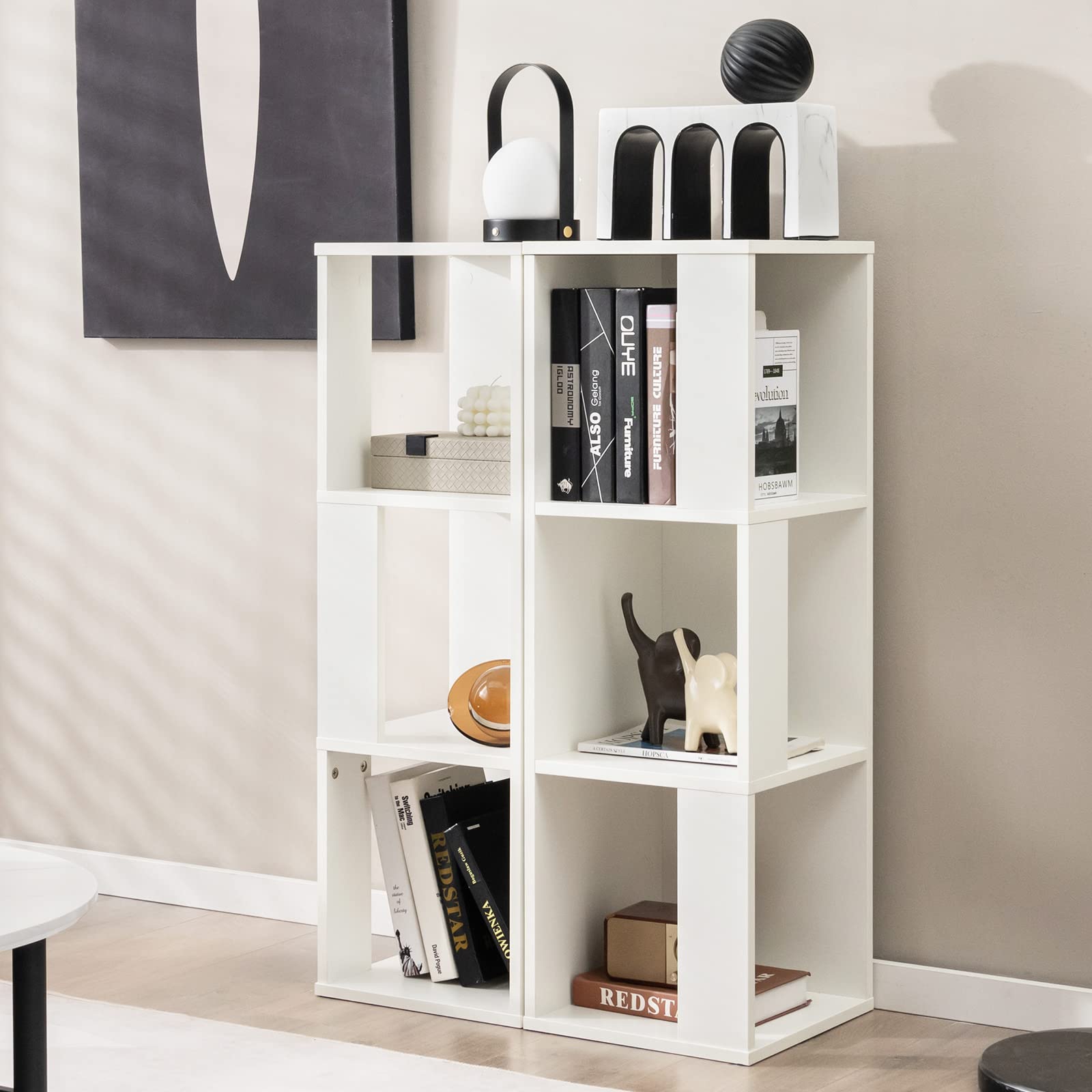 Giantex Bookcase, Freestanding 3-Tier Bookshelf, Asymmetric Display Shelf w/ 6 Compartments