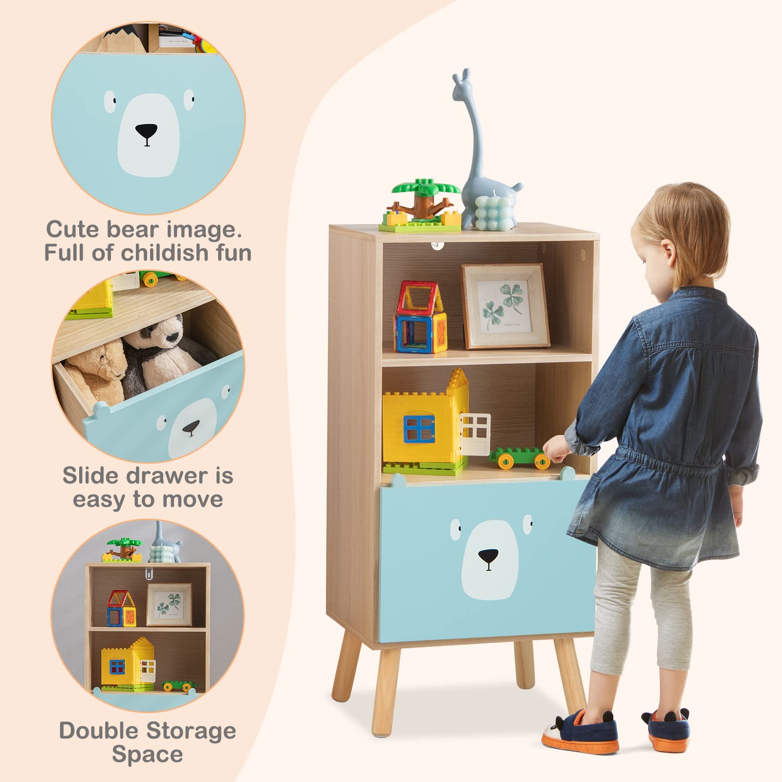 HONEY JOY 3-Tier Kids Wooden Bookshelf, Storage Shelf for Toddlers
