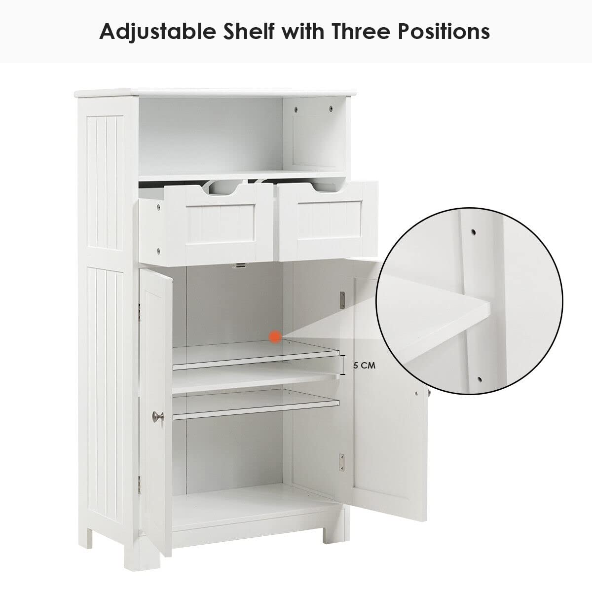 Bathroom Floor Cabinet, Storage Cabinet w/One Open Shelf Two Doors and Two Adjustable Drawers