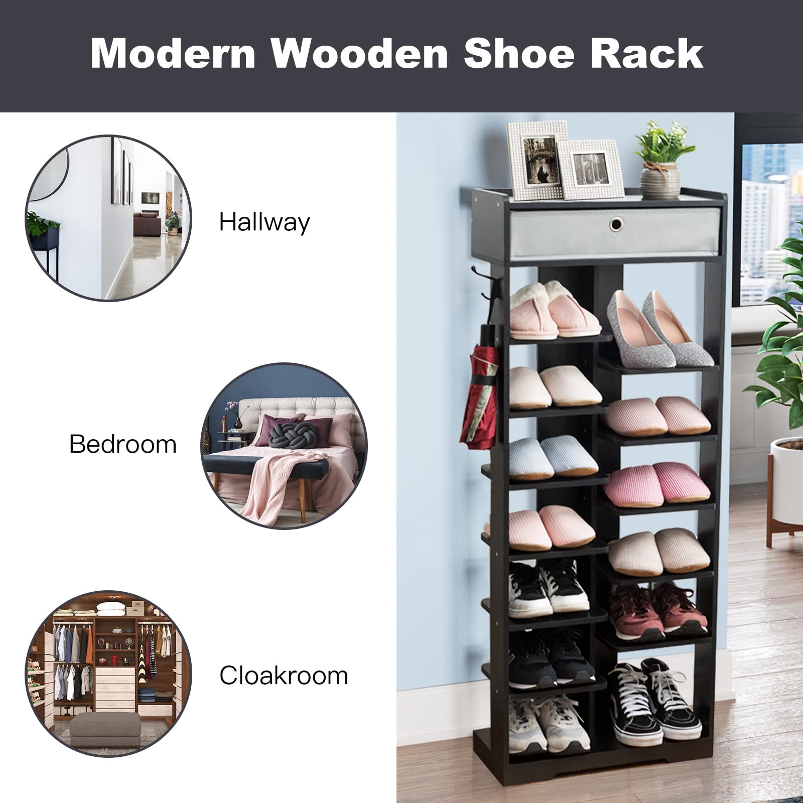Giantex 13-Tier Wooden Shoe Rack, Narrow Double Rows Shoe Shelf, Space Saving Vertical Shoe Storage Organizer