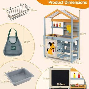 2 in 1 Wooden Mud Kitchen, Double Sided Outdoor Play Kitchen & Grocery Store w/Removable Water Box & Sink