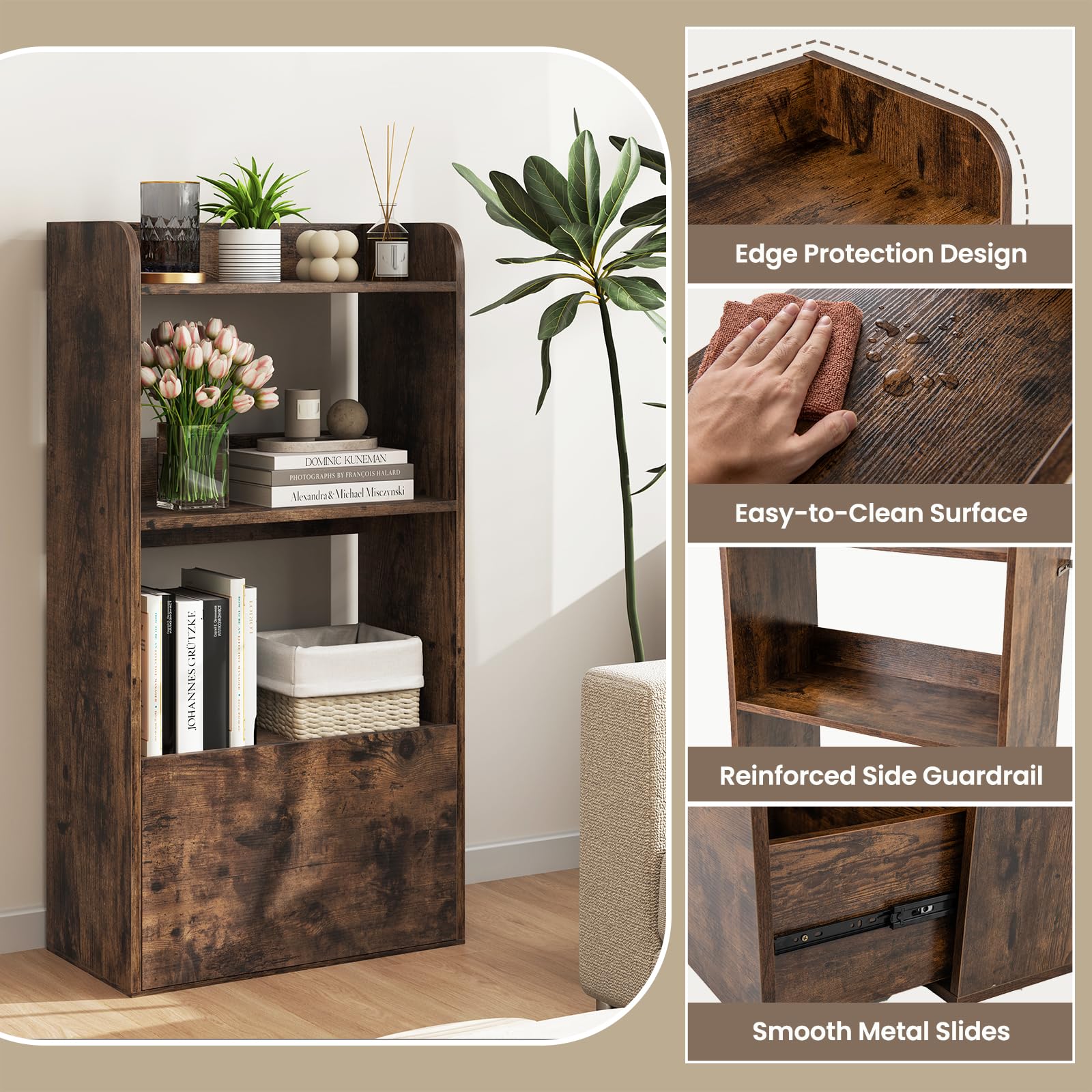 Bookcase with Drawer Freestanding Bookshelf Storage Rack for Living Room