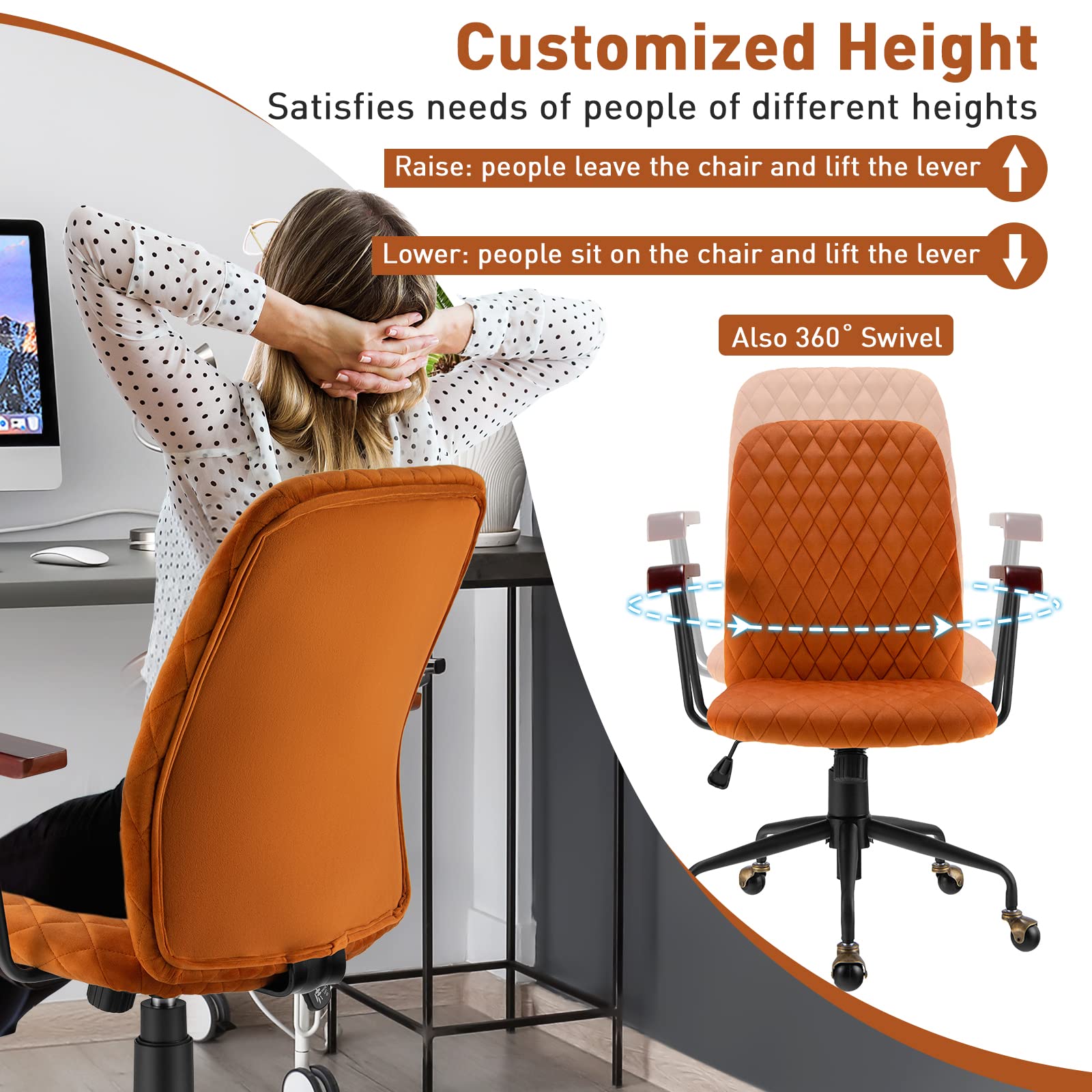 Giantex Retro Mid-Back Office Chair, Swivel Velvet Computer Desk Chair w/Rubber Wood Armrest