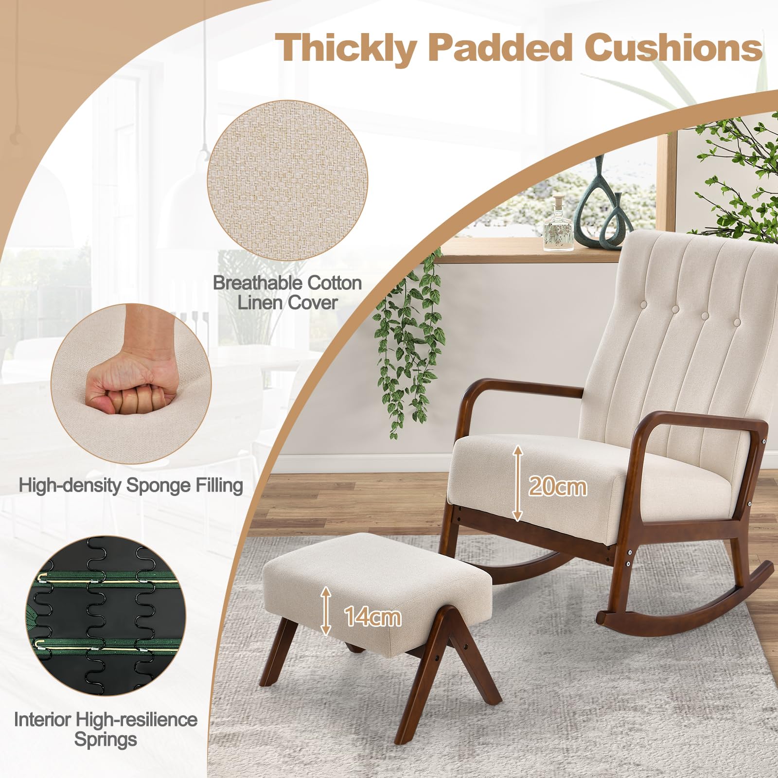Giantex Rocking Chair with Ottoman, Upholstered Fabric Rocker with Solid Rubber Wood Frame & Padded Cushion