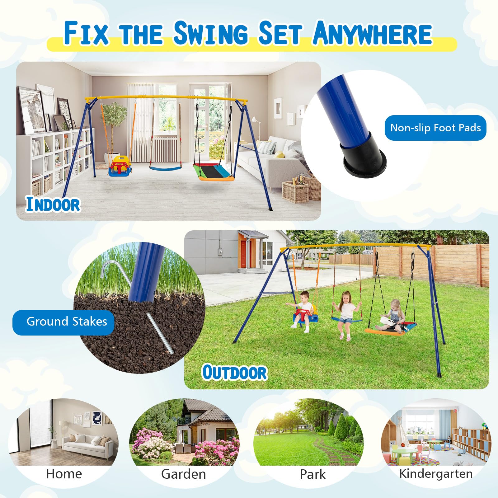 300 KG Indoor & Outdoor Swing Set, Heavy Duty Carbon Steel Swing Frame w/ 1 Belt Swing