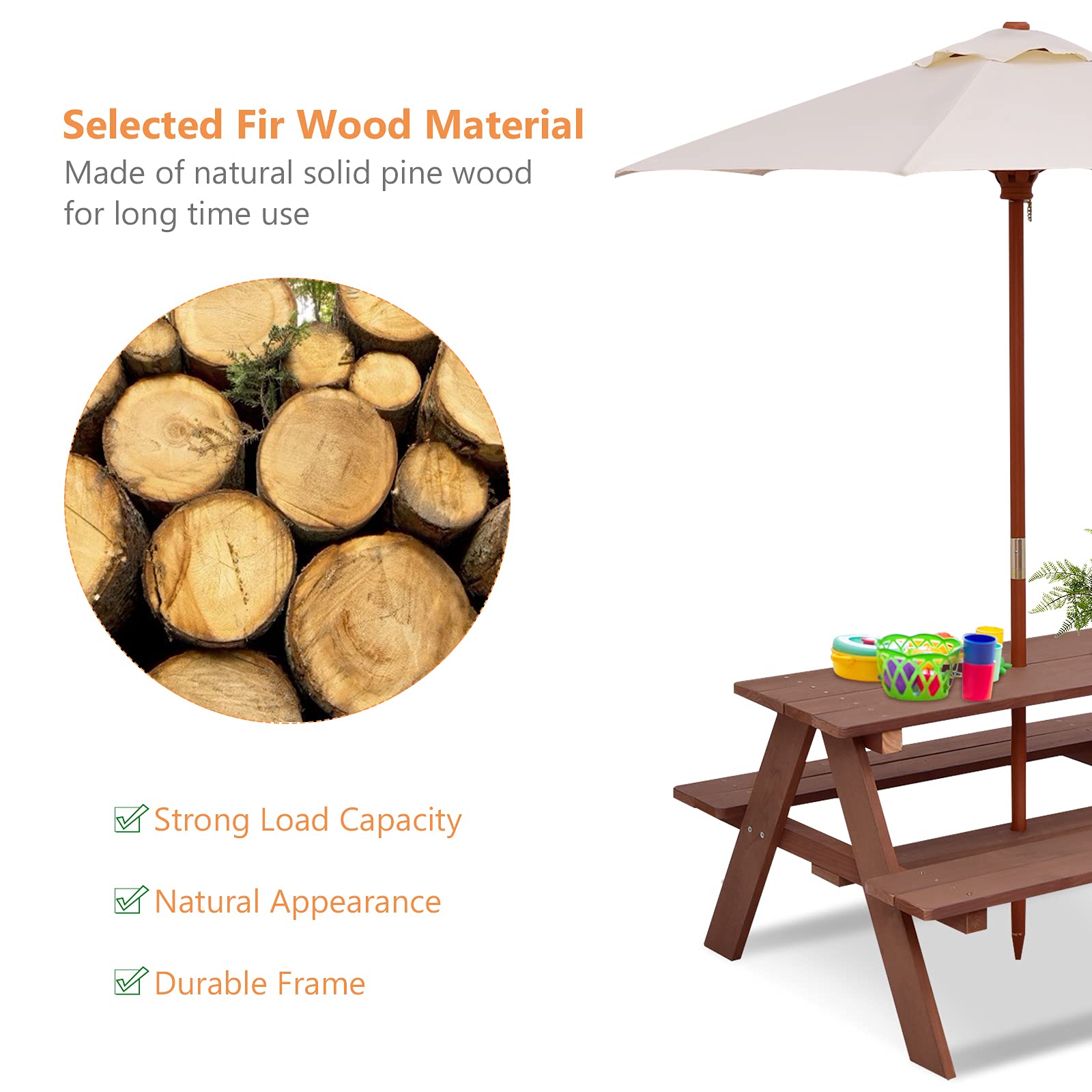 Kids Picnic Table, Wooden Table & Bench Set w/Removable & Foldable Umbrella, Toddler Patio Set for Backyard