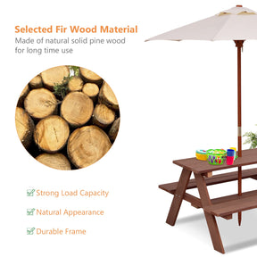 Kids Picnic Table, Wooden Table & Bench Set w/Removable & Foldable Umbrella, Toddler Patio Set for Backyard