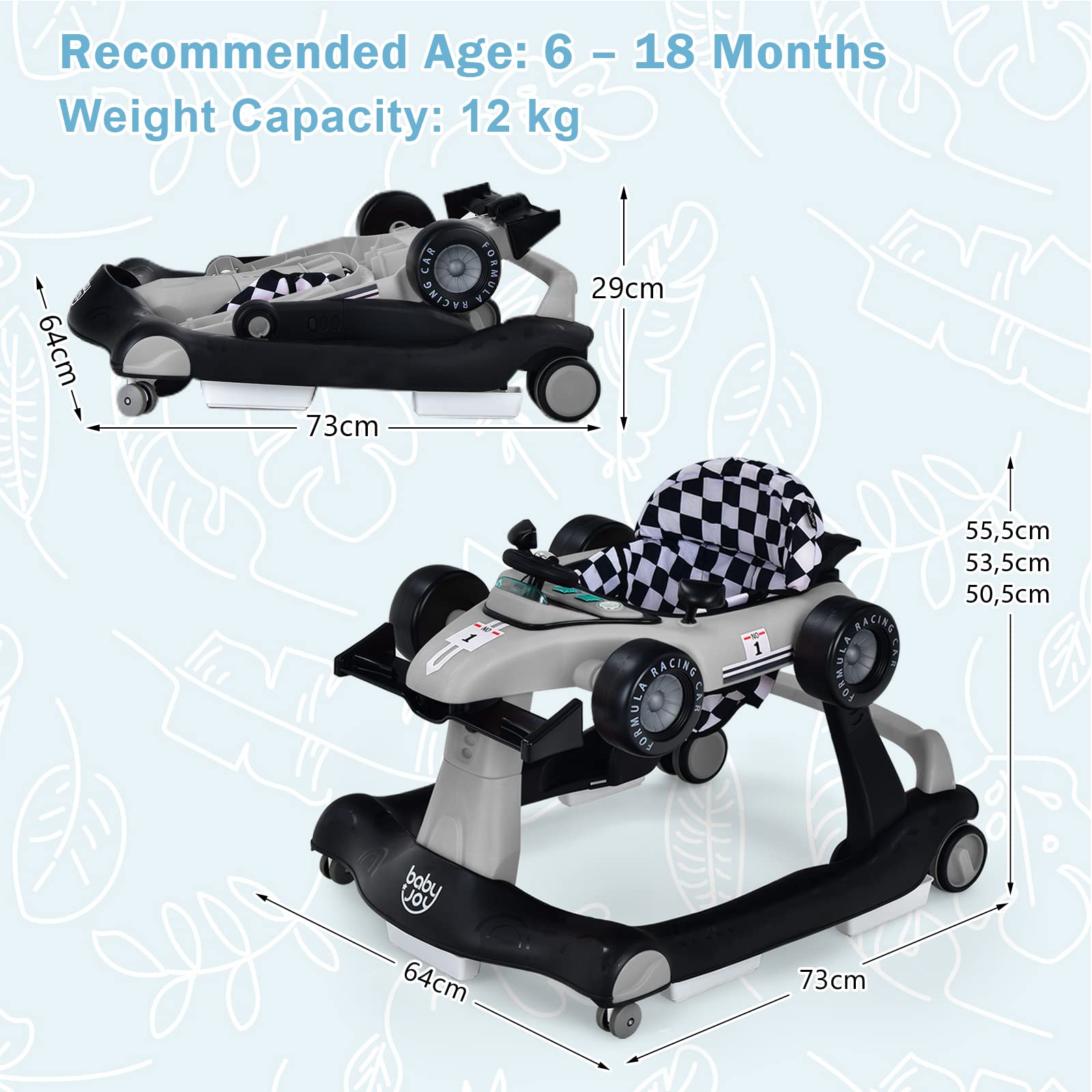 4-in-1 Baby Walker, Foldable Activity Car Baby Walker w/3 Adjustable Height