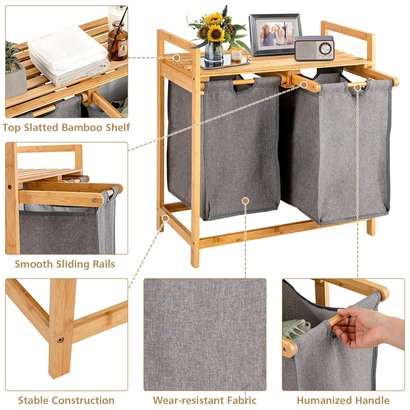 Giantex Bamboo Laundry Hamper with Dual Compartments, 2-Section Laundry Sorter Basket, Natural