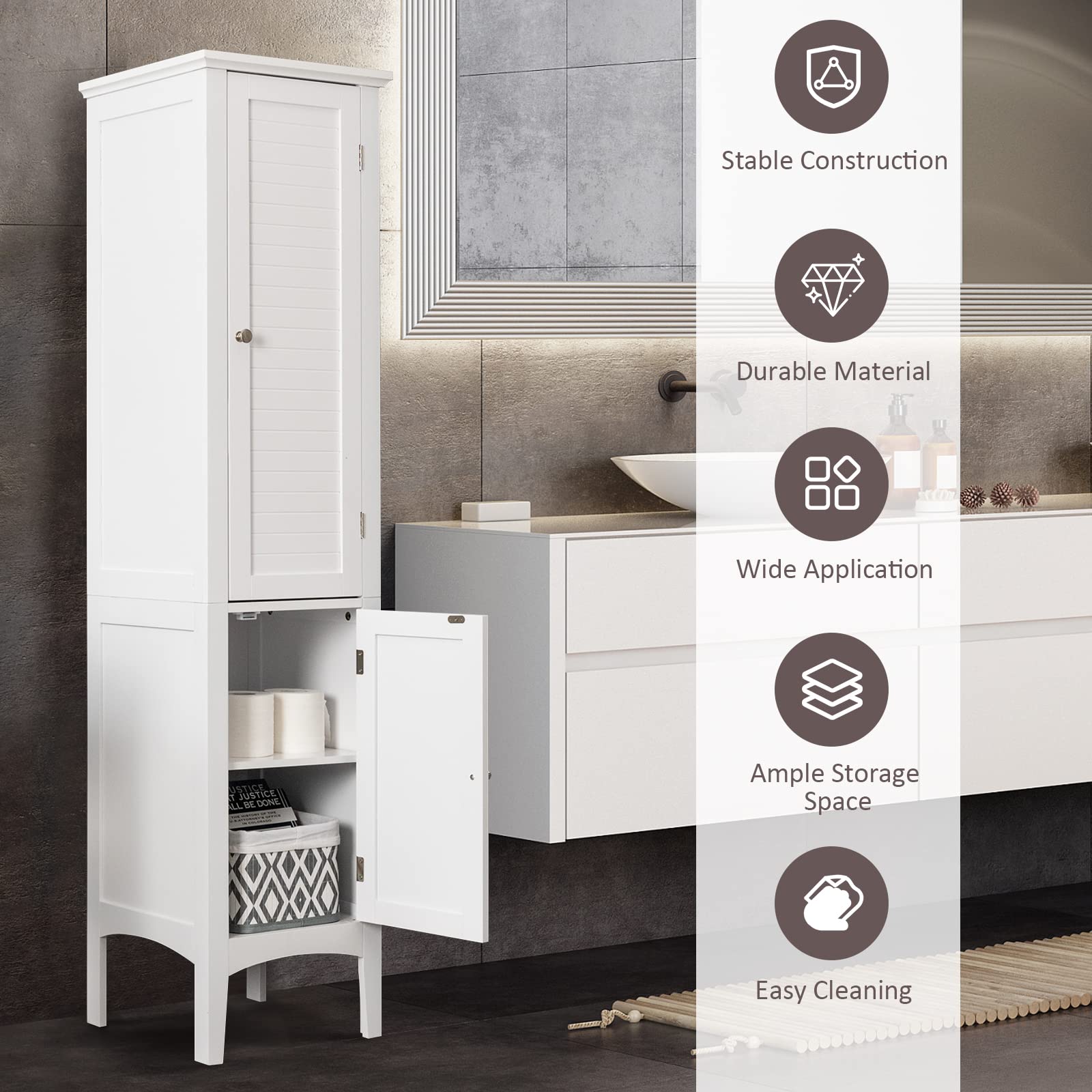 Giantex Bathroom Tall Storage Cabinet, 5-Tier Freestanding Tower Cabinet w/ 2 Shelves & Doors, White