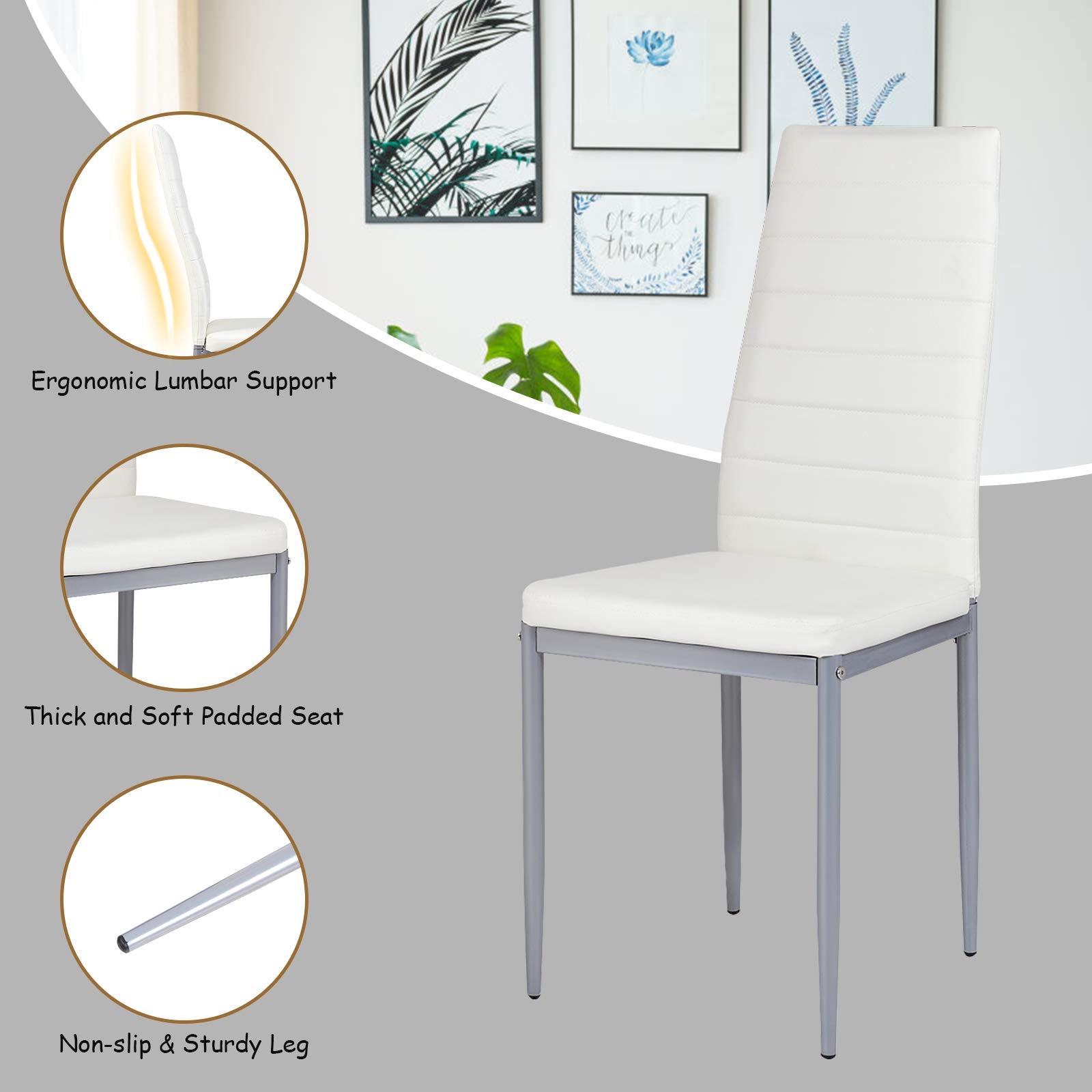 Giantex Set of 4 Dining Chairs with High Backrest, Kitchen Chair with Metal Legs, Leather Seat
