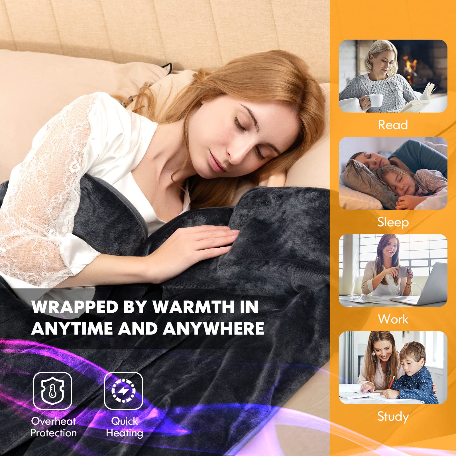 Electric Heated Blanket Throw, Double-Sided Fleece Soft Fast Heating Blanket w/9 Heat Settings, 9 Hours Timing Function