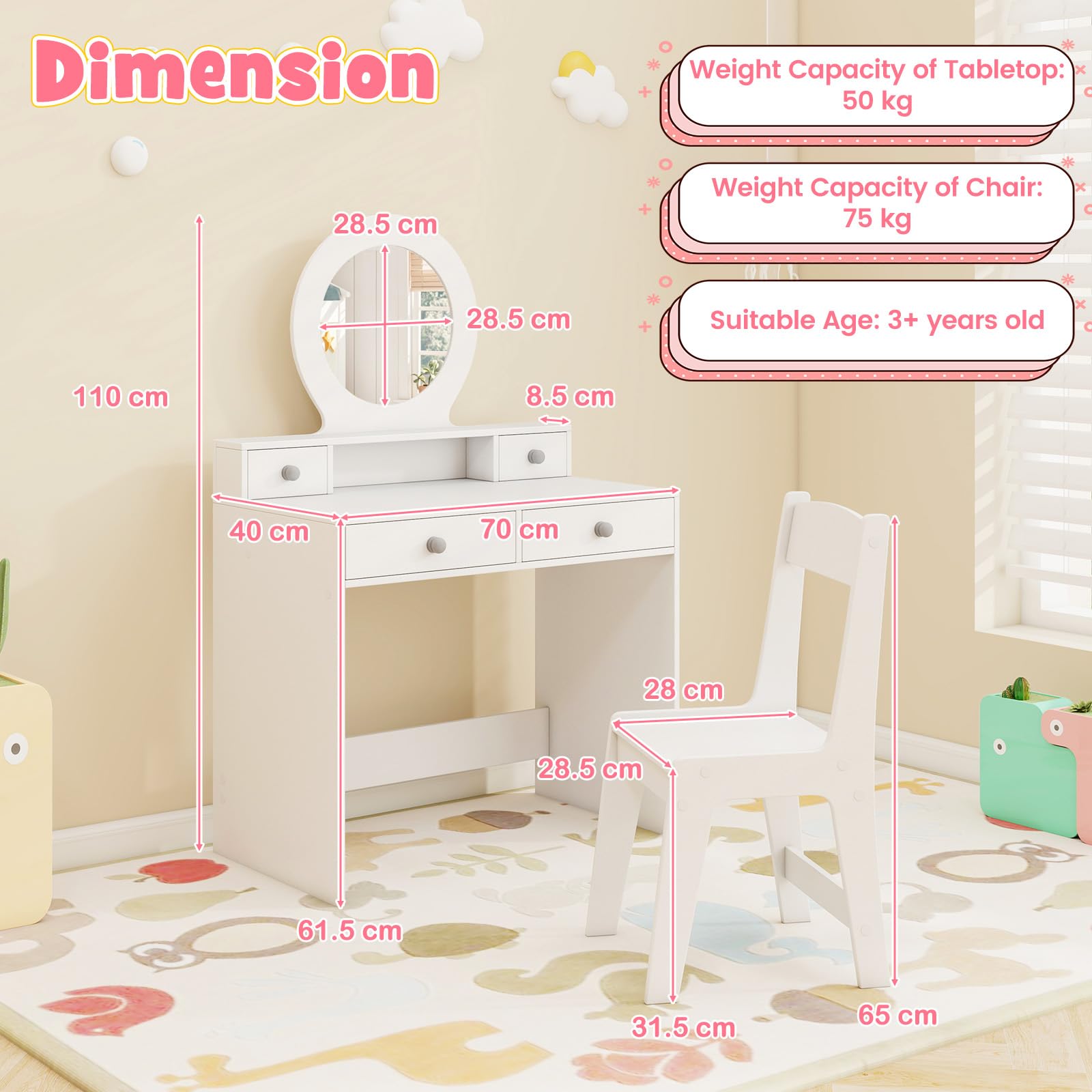 Kids Vanity Set with Mirror, Princess Makeup Dressing Desk and Chair Set with Mirror, Open Shelf and 4 Storage Drawers, Pretend Play Vanity Table Set (White)