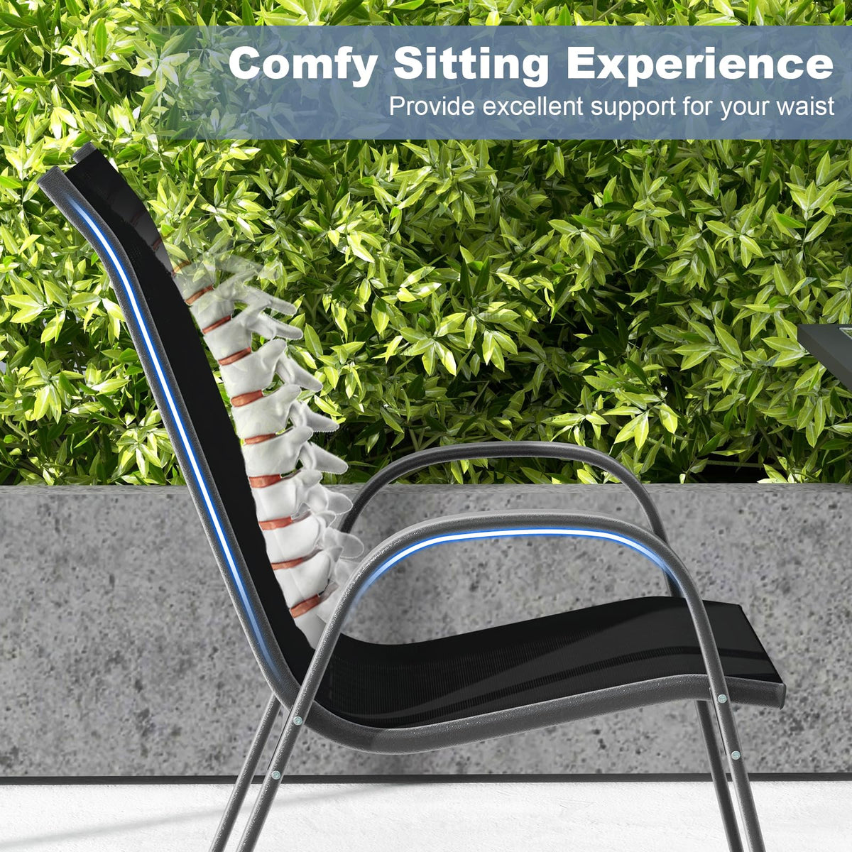 Set of 4 Outdoor Patio Chairs, Stackable Armchair with Weather-Resistant Fabric, Sturdy Steel Frame