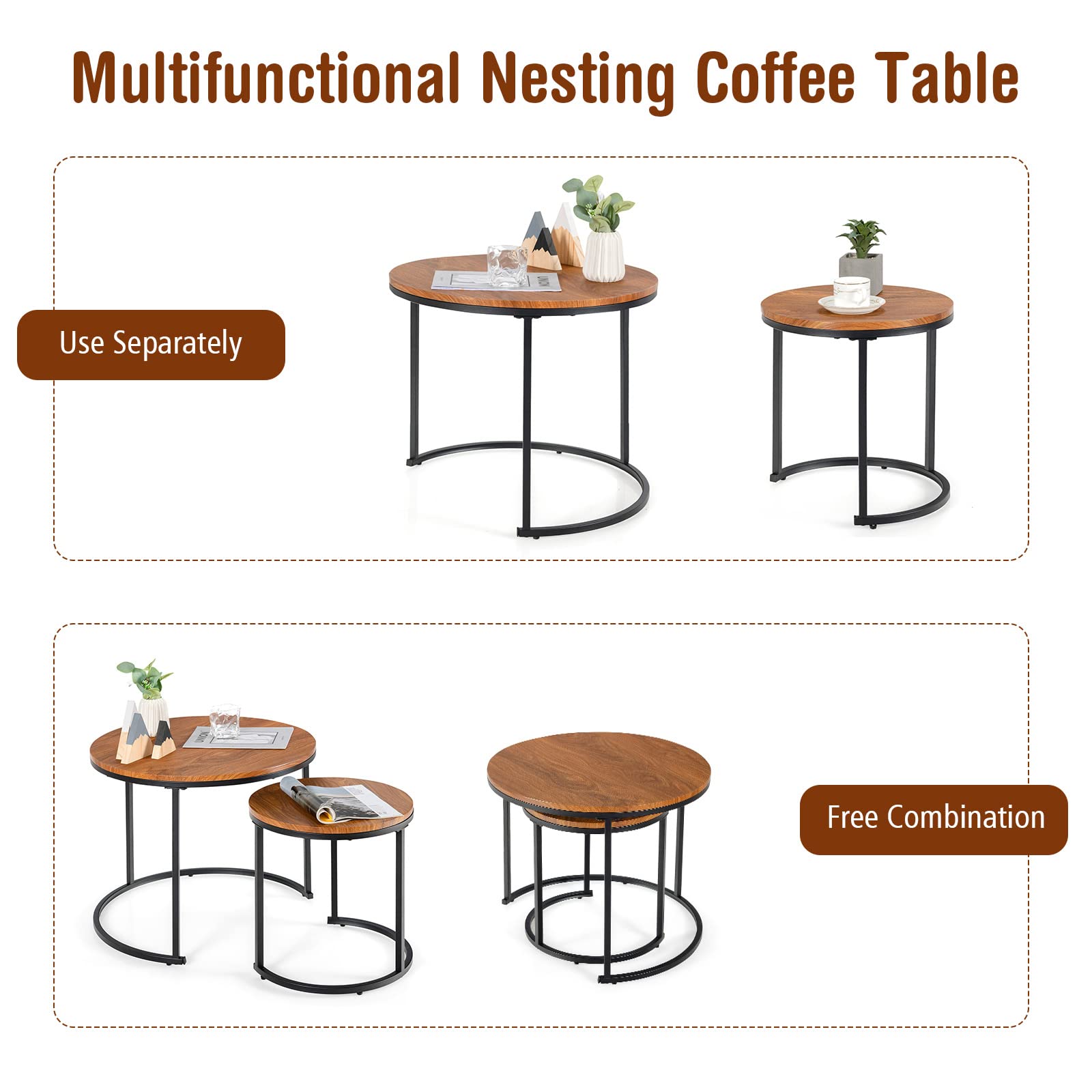 Giantex Set of 2 Compact Stacking Side Tables w/Wooden Tabletop & Powder-Coated Steel Frame