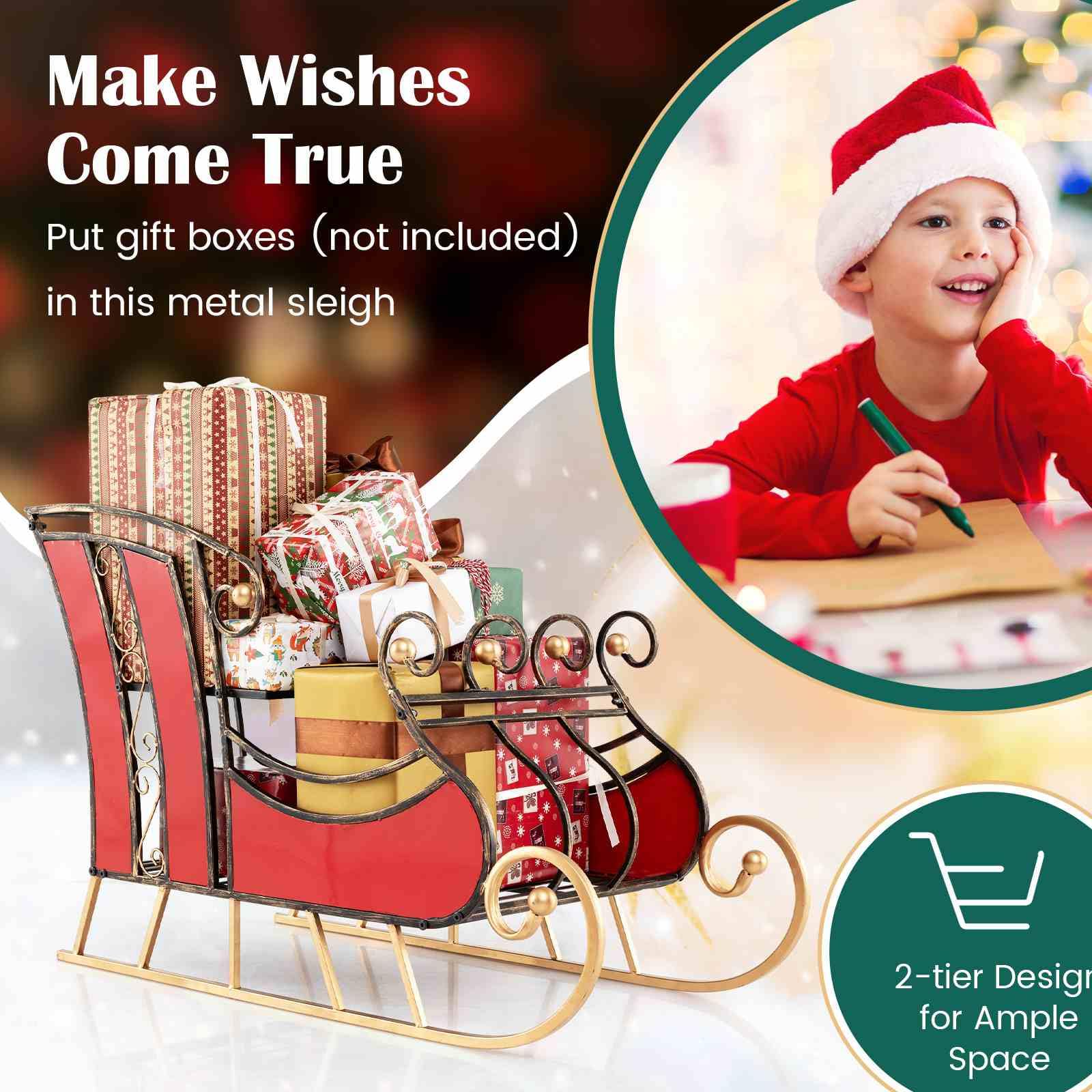 95CM Christmas Metal Sleigh Decoration, Decorative Santa’s Sleigh with 2-Tier Storage Shelf