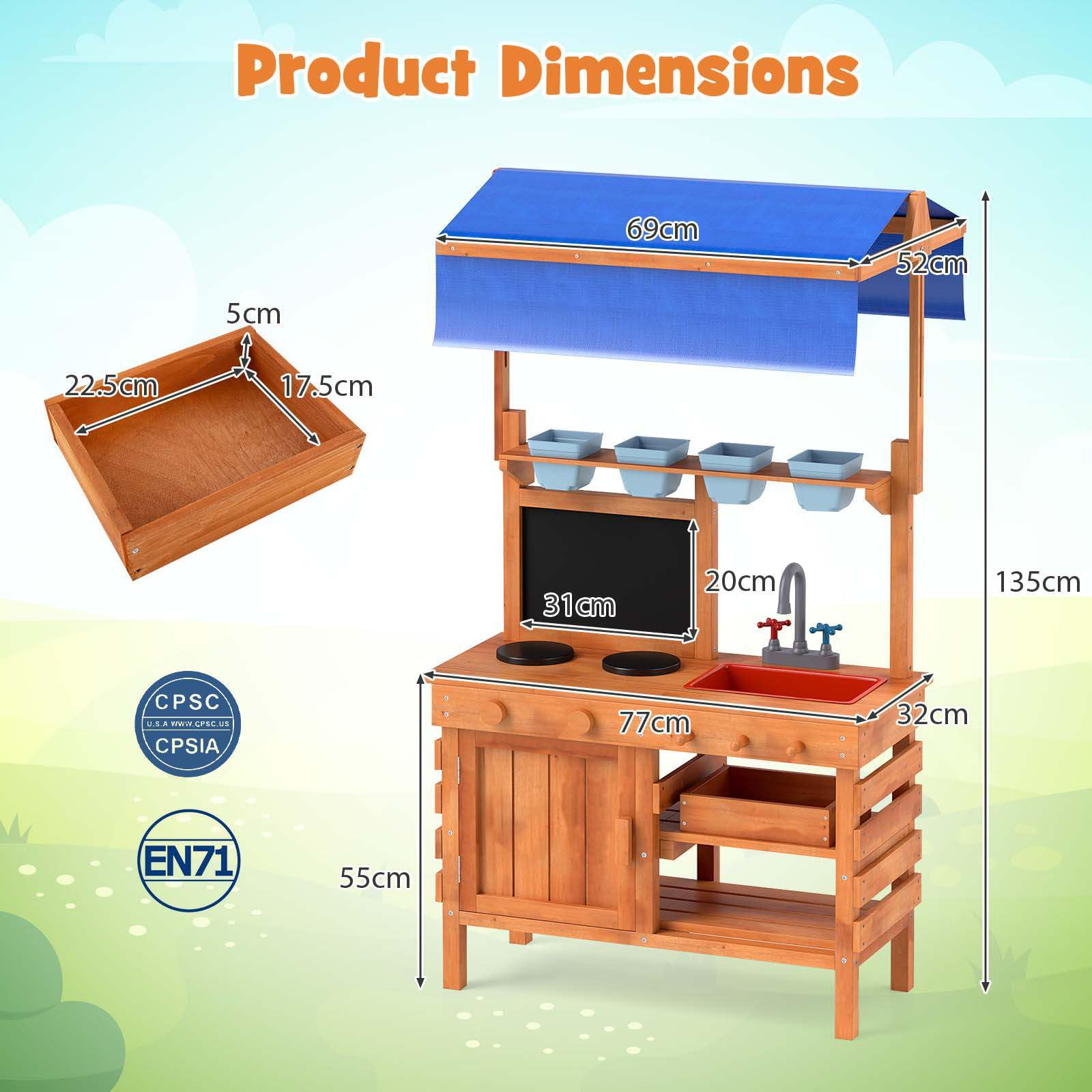Mud Kitchen, Wooden Pretend Play Kitchen with Height Adjustable Canopy, Blackboard, Planting Cups, Stoves, Sink