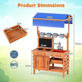 Mud Kitchen, Wooden Pretend Play Kitchen with Height Adjustable Canopy, Blackboard, Planting Cups, Stoves, Sink