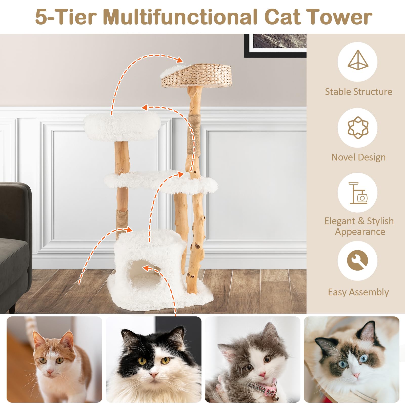 124 CM Tall Wooden Cat Tree, Solid Wood Cat Tower