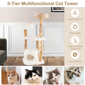 124 CM Tall Wooden Cat Tree, Solid Wood Cat Tower