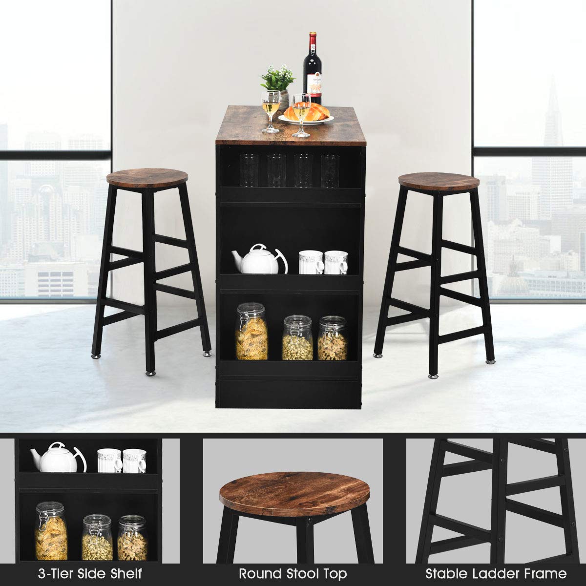 Giantex 3PCS Bar Table Set, Industrial Counter Height Table Set with 2 Bar Stools, Wooden Kitchen Dining Table Kit w/ 3-tier Side Shelf